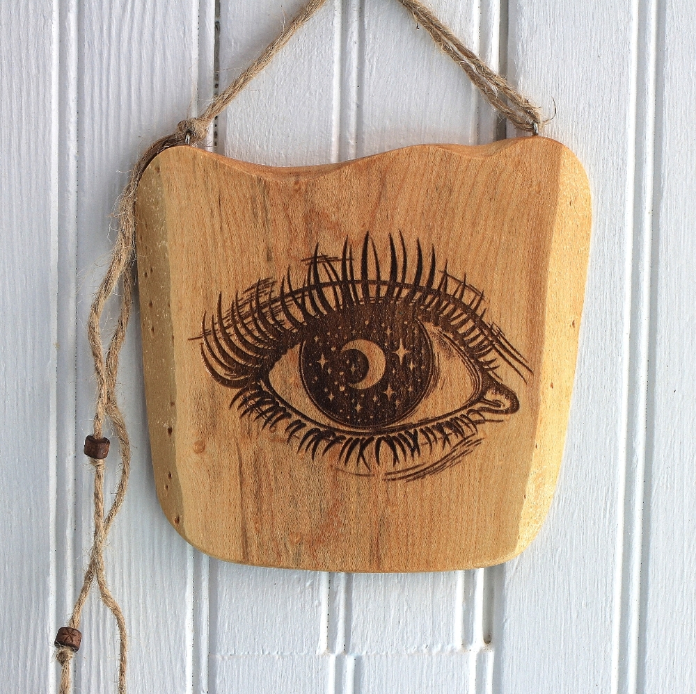 Moon and Stars, Eye Wall Art, Wood Wall Hanging, Hippie Boho, Bohemian Decor